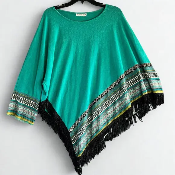 Adore Teal Tapestry Fringe Sweater Size XLarge One Sleeve  One Open Side - Picture 2 of 7